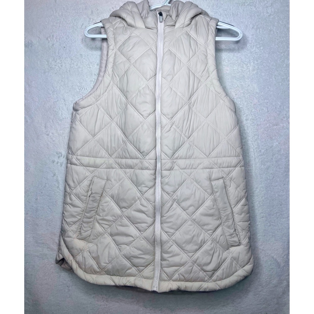 MTA Sport Womens Quilted Puffer Vest Cream Hooded Full Zip Sleeveless Jacket M